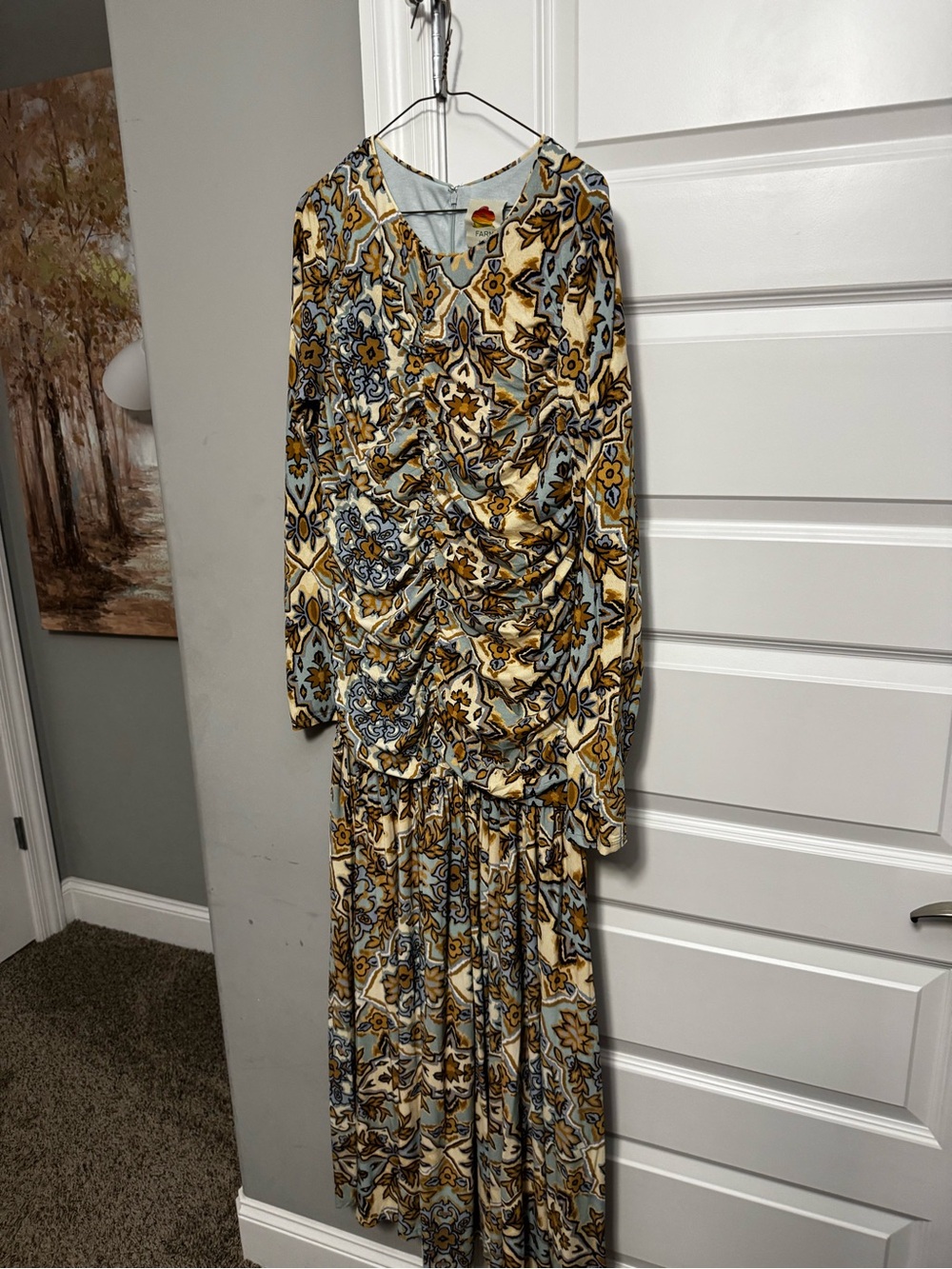 FARM Rio Yellow and Blue Floral Long-Sleeve Ruched Maxi Dress